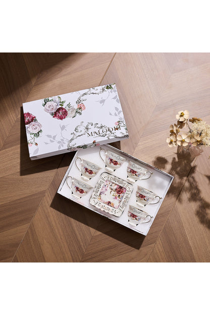 Set 6 cești espresso cu 6 farfurioare porțelan 90 ml – cești cafea model floral elegant