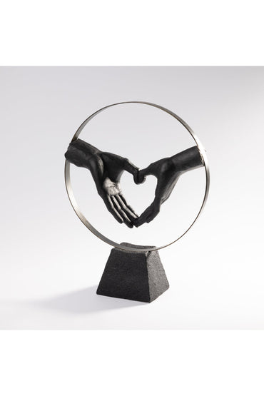 Statuetă decorativă cu mâini în formă de inimă, design modern, 41.5 cm, negru cu cadru metalic