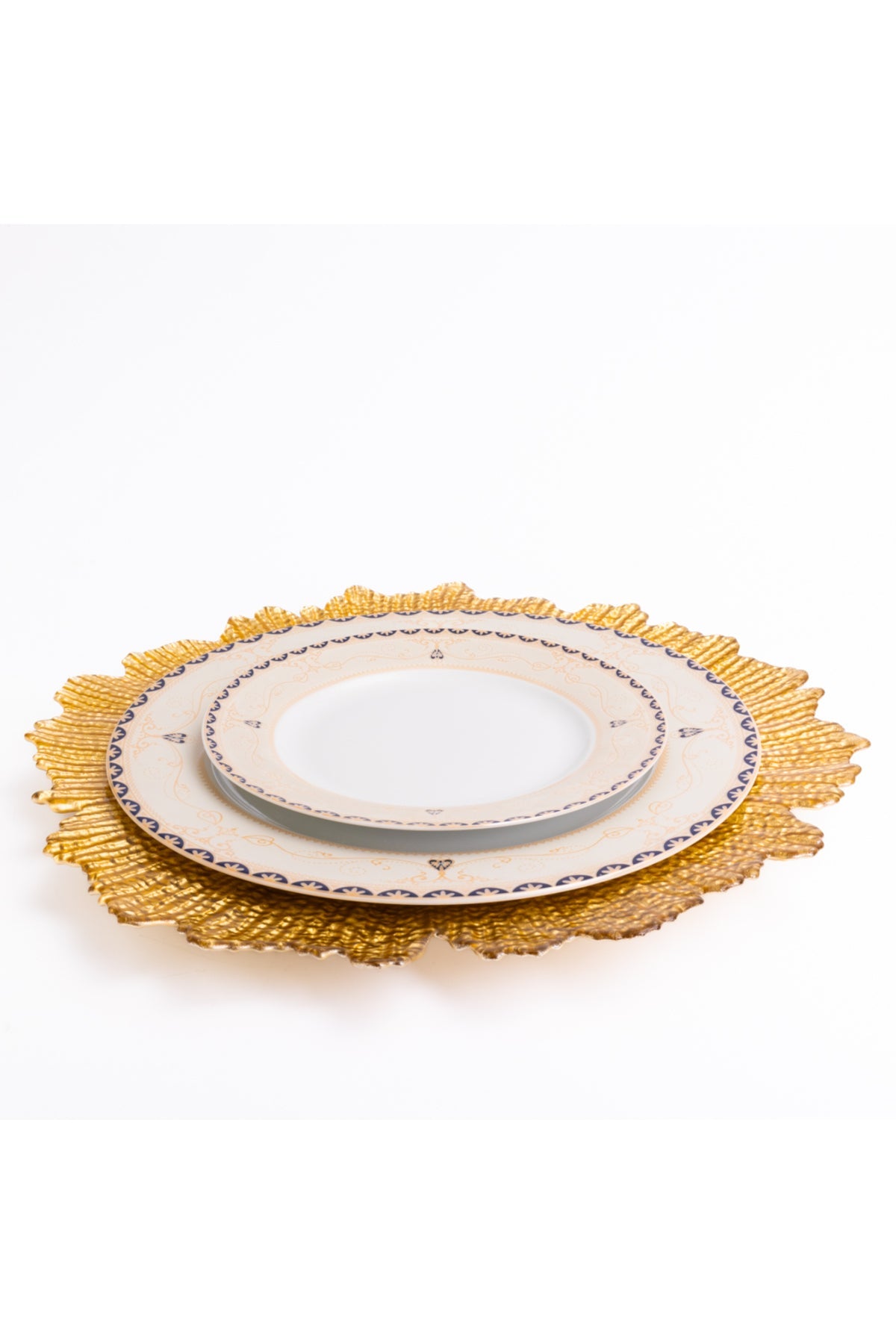 Set 6 farfurie suport decorativă sticlă, model coral auriu, Golden petal, diametru 35 cm