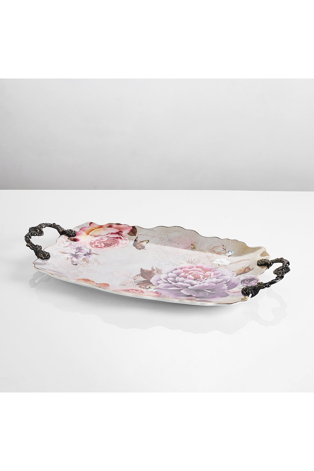 Tavă servire porțelan ovală model floral vintage, mânere metalice bronz, 44.5 cm