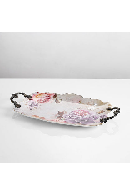 Tavă servire porțelan ovală model floral vintage, mânere metalice bronz, 44.5 cm