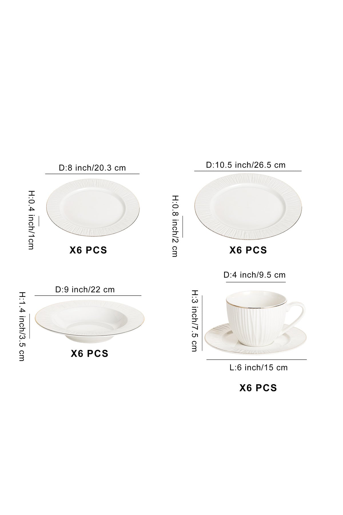 Serviciu de masă din porțelan 30 piese "Soare,set farfurii 6 persoane, decor relief cu margine aurie
