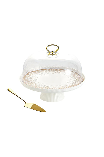 Platou tort din porțelan cu picior și capac transparent, 27.5 cm - Snowing Collection