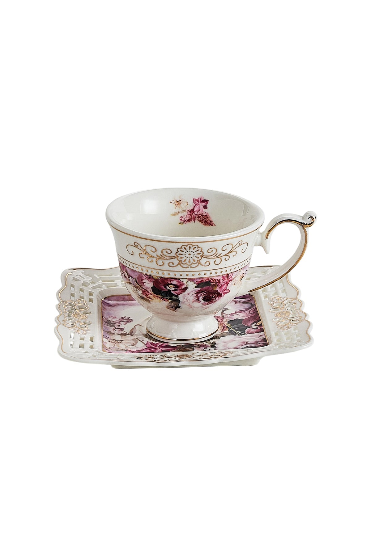 Set 6 cești espresso cu 6 farfurioare porțelan 90 ml – cești cafea model floral elegant