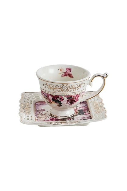 Set 6 cești espresso cu 6 farfurioare porțelan 90 ml – cești cafea model floral elegant