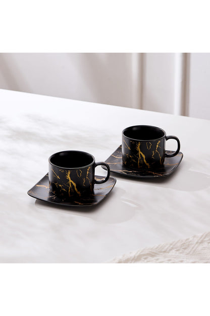 Set de 2 cești cu 2 farfurioare, 180 ml - Negru marmorat