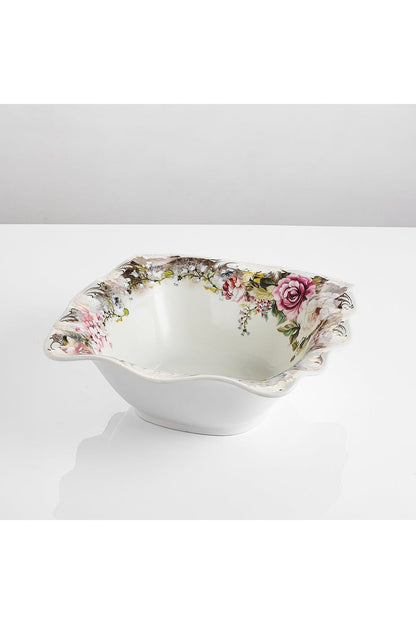 Bol porțelan model floral vintage, margini ondulate, 26.5 cm