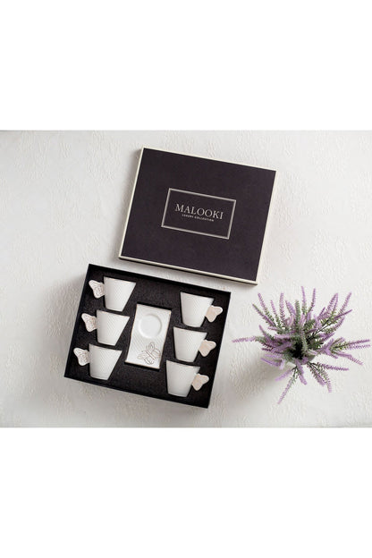 Set 6 Cești de cafea cu 6 farfurii ondulate, 180 ml, Porțelan – Model Fluture - Auriu