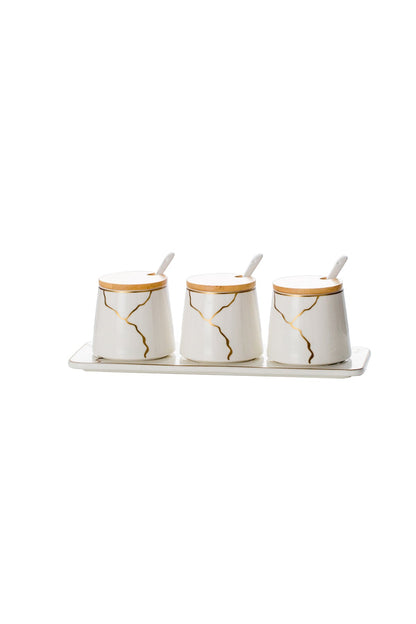 Set 3 Recipiente Condimente din porțelan, Capace Bambus și Tavă suport - Infinity Collection