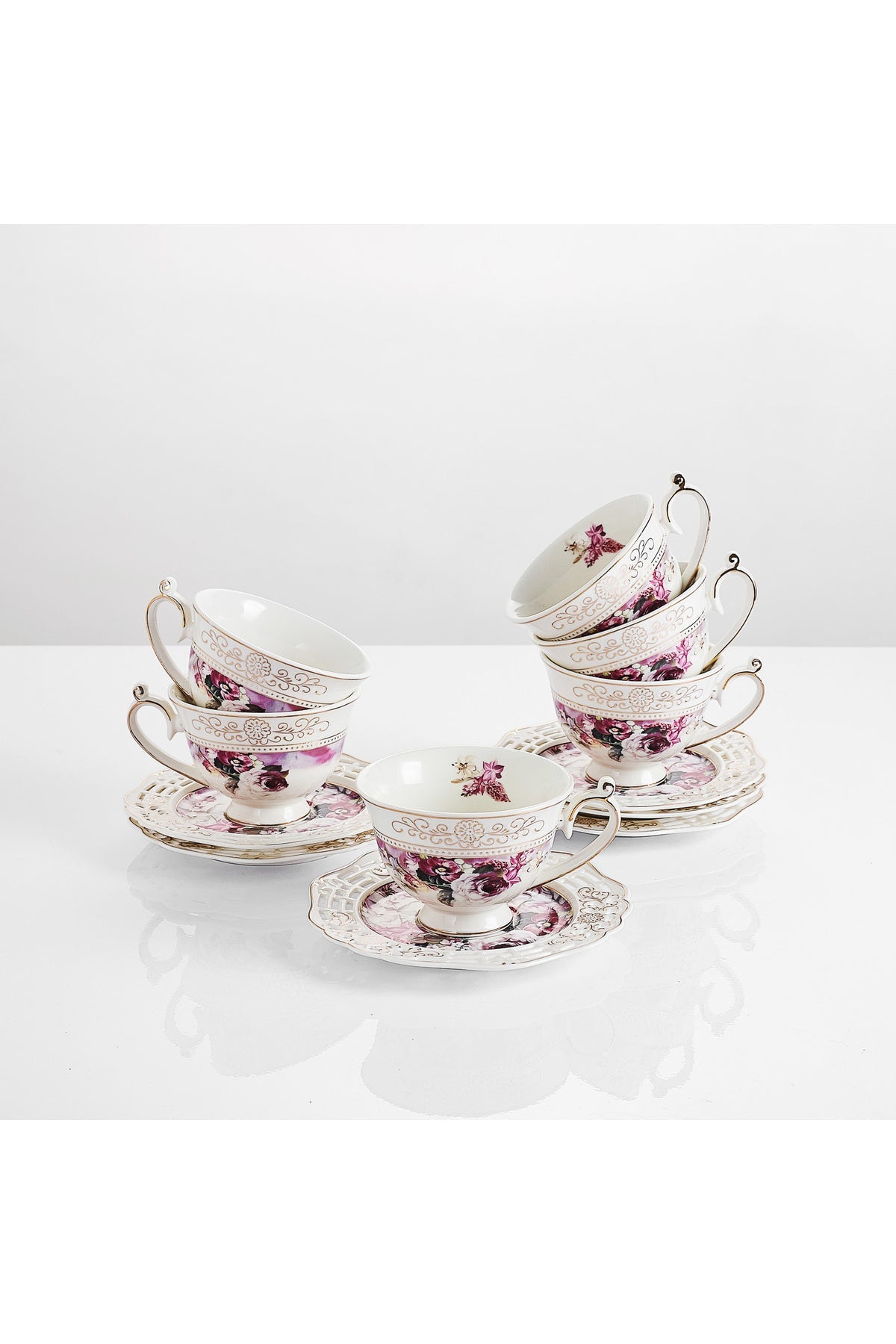 Set 6 cești espresso cu 6 farfurioare rotunde porțelan 90 ml – model floral elegant