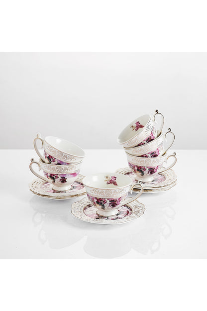 Set 6 cești espresso cu 6 farfurioare rotunde porțelan 90 ml – model floral elegant