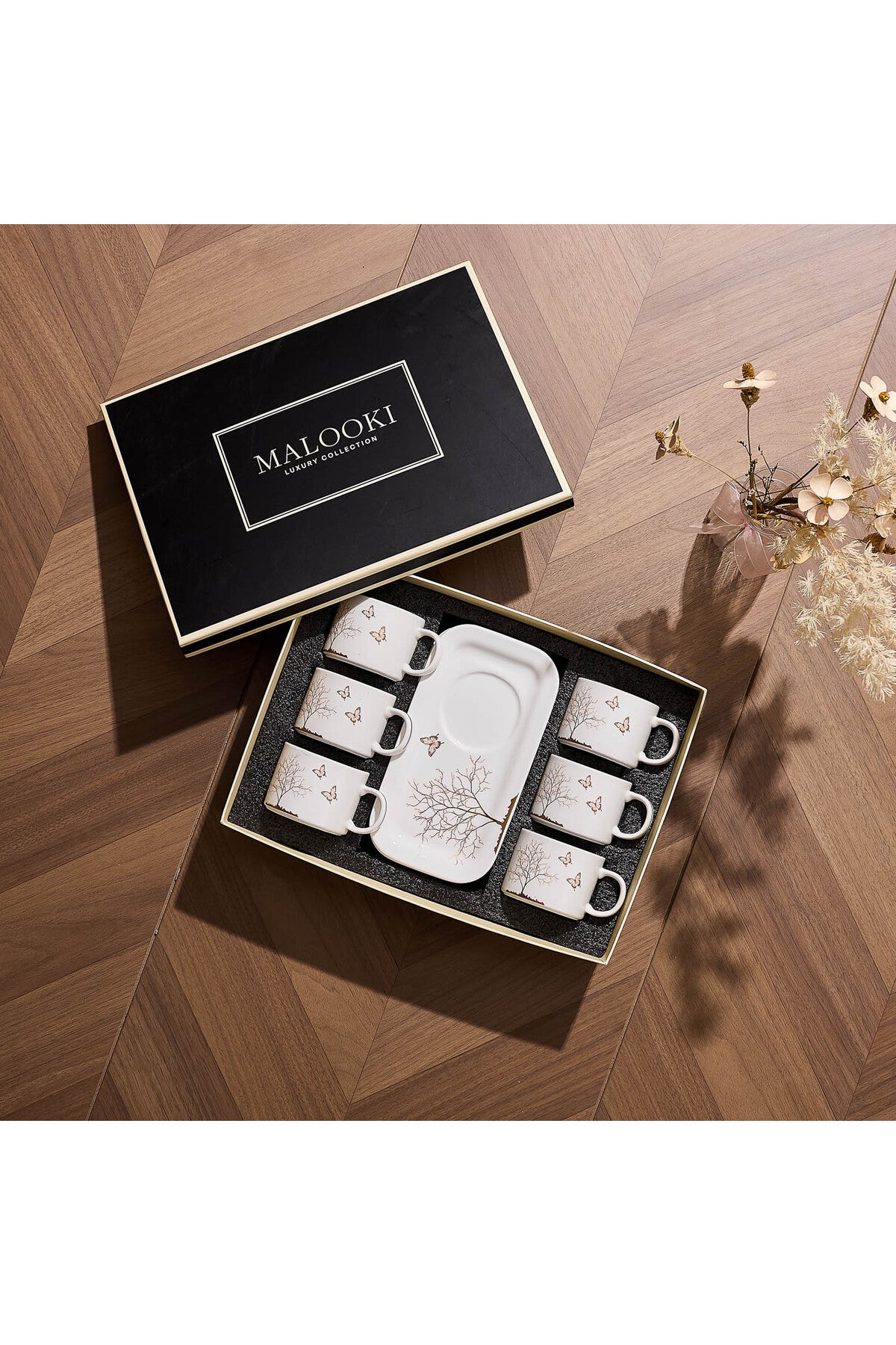 Set de 6 cești cu 6 farfurioare platou dreptunghiular, porțelan, 180 ml - Lifetree collection