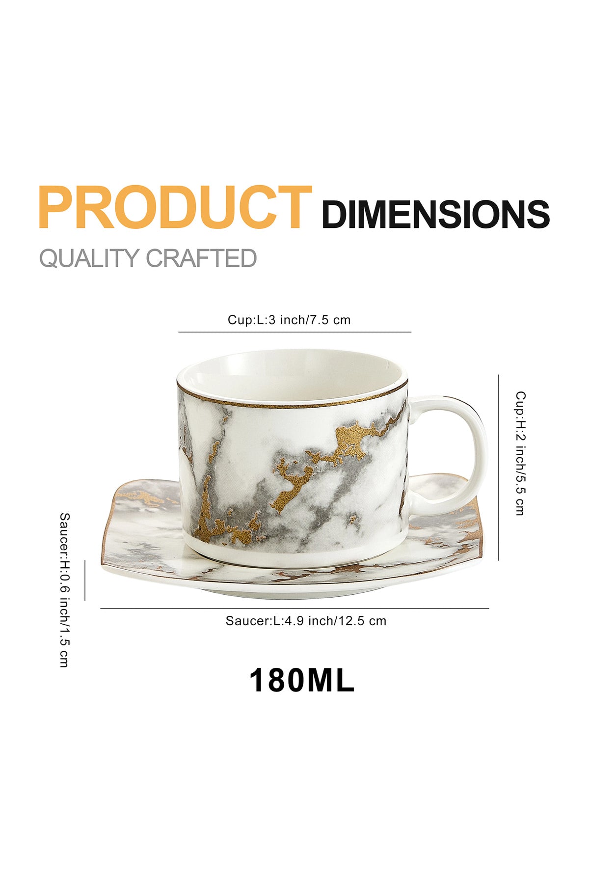 Set 6 cești cafea cu farfurioare pătrate – Model marmură alb cu auriu