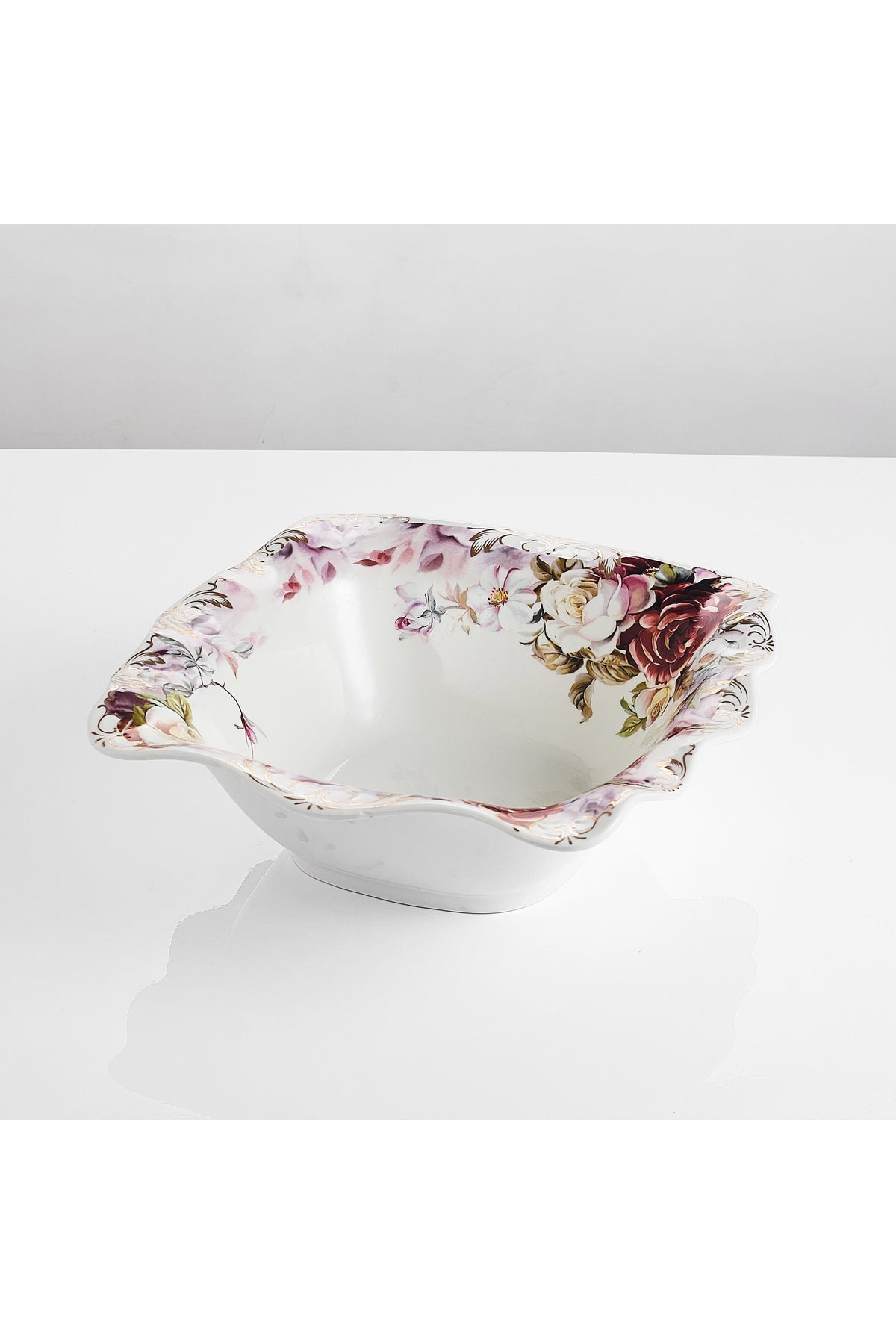 Bol porțelan model floral vintage, margini ondulate, 26.5 cm
