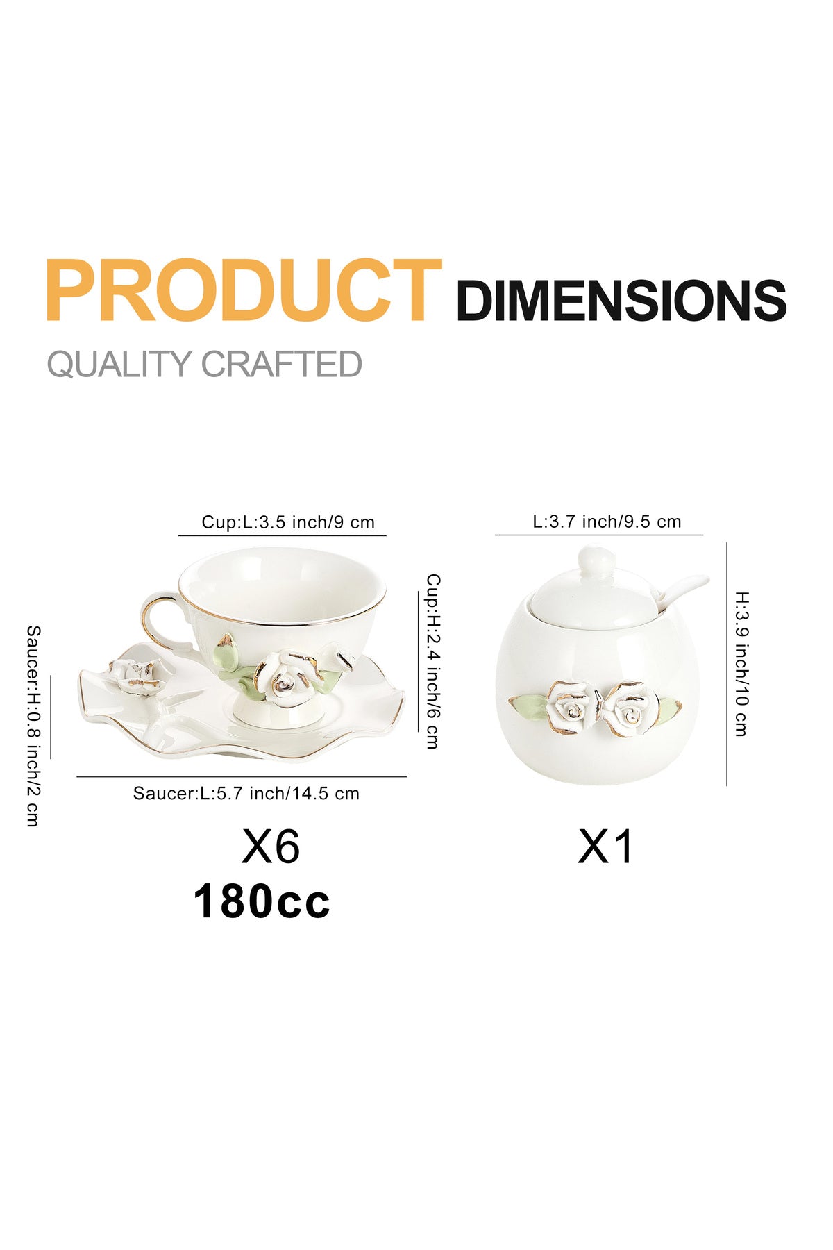 Set 6 cești de cafea din porțelan cu farfurioare și zaharniță,180 ml - decor floral în relief