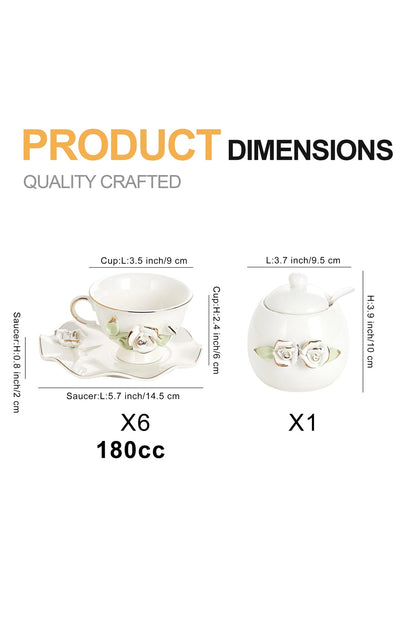 Set 6 cești de cafea din porțelan cu farfurioare și zaharniță,180 ml - decor floral în relief