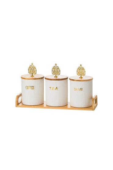 Set 3 borcane bucătărie Baroque – porțelan alb cu capac bambus, Coffee Tea Sugar, tavă inclusă