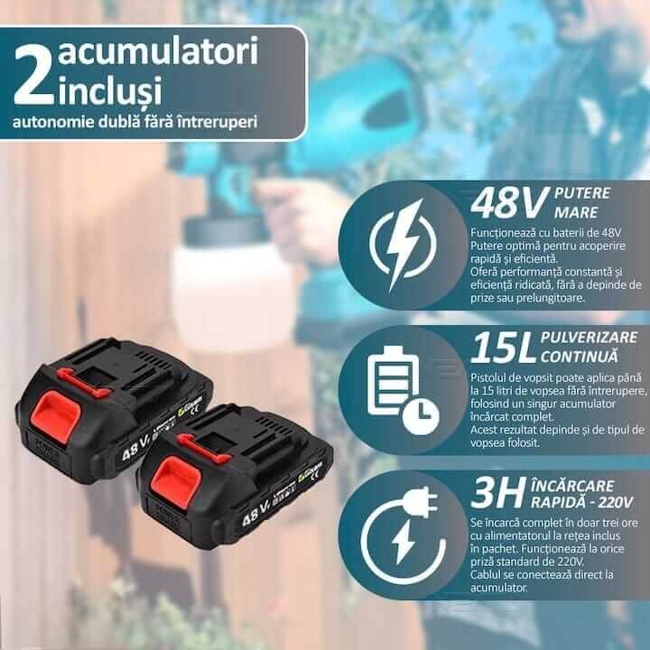 Pistol de vopsit cu acumulator, capacitate 800 ml, debit reglabil, 3 moduri de pulverizare