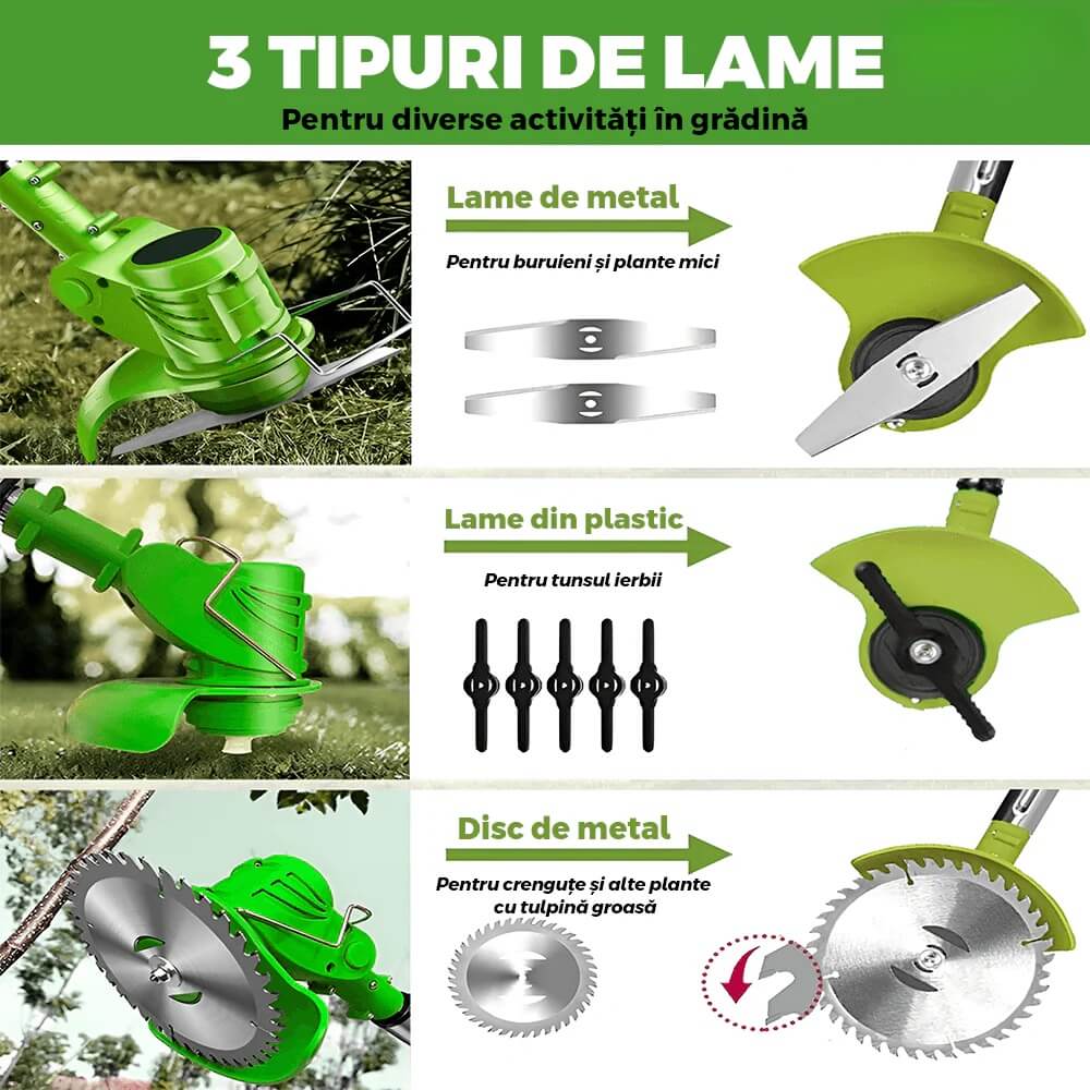 Motocoasă Electrică 48V cu 2 Acumulatori, 3 Lame